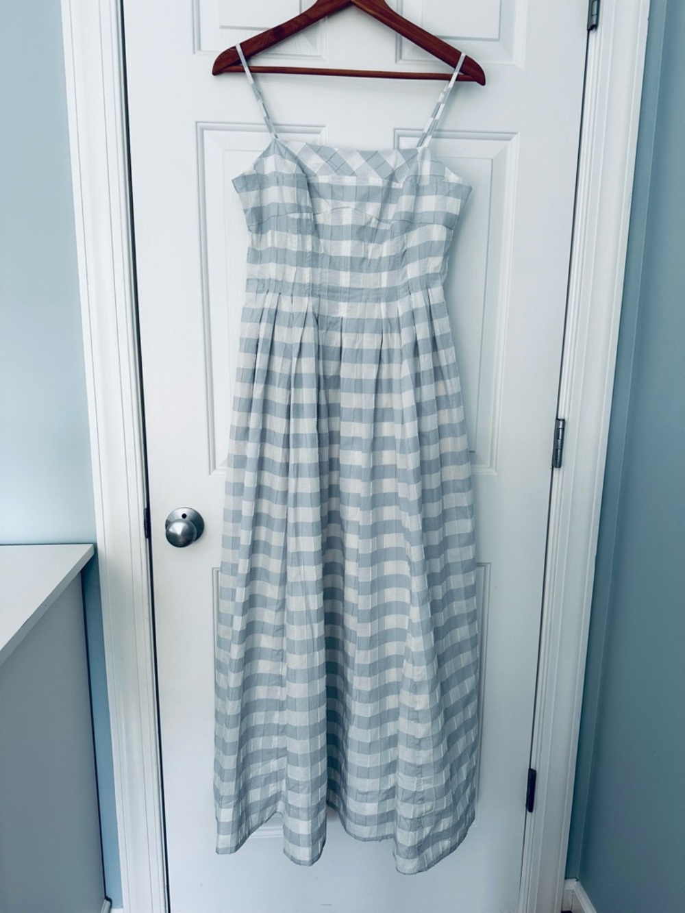 NWT Caroline Constas Blue/Gray & White Shadow Check Cotton Pleated Maxi Dress